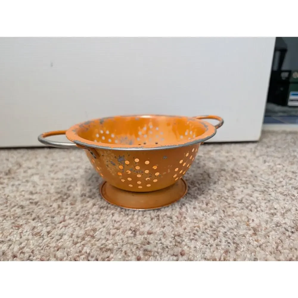Vintage orange enamelware colander strainer, MCM asthetic, Mini/small size